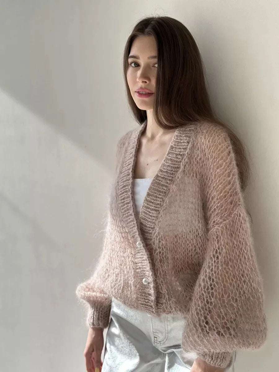 Women Knitting Cardigan 2026 New Women Mohair Knit Cardigan Hollow Out Sheer Long Sleeve Casual Knitted Outerwear Sweater