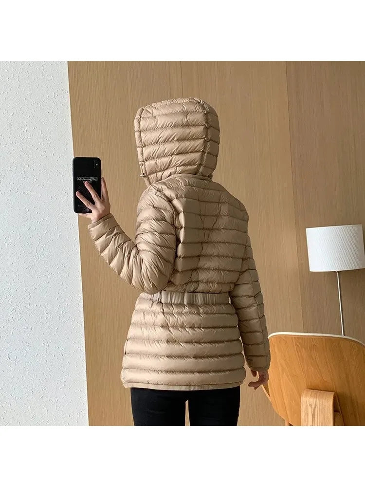 2025 Autumn Winter Luxury Lightweight Short Slim 90% White Duck Down Jacket Women Hooded Detachable Sash Warm Down Coat Fashion
