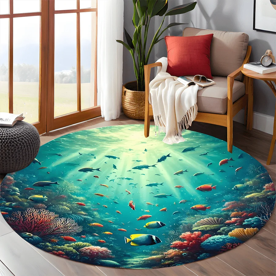 Underwater Coral Reef Fish Round Rug Ocean Marine Life Decor Soft Flannel Living Room Bedroom Bathroom Floor Mat Carpet