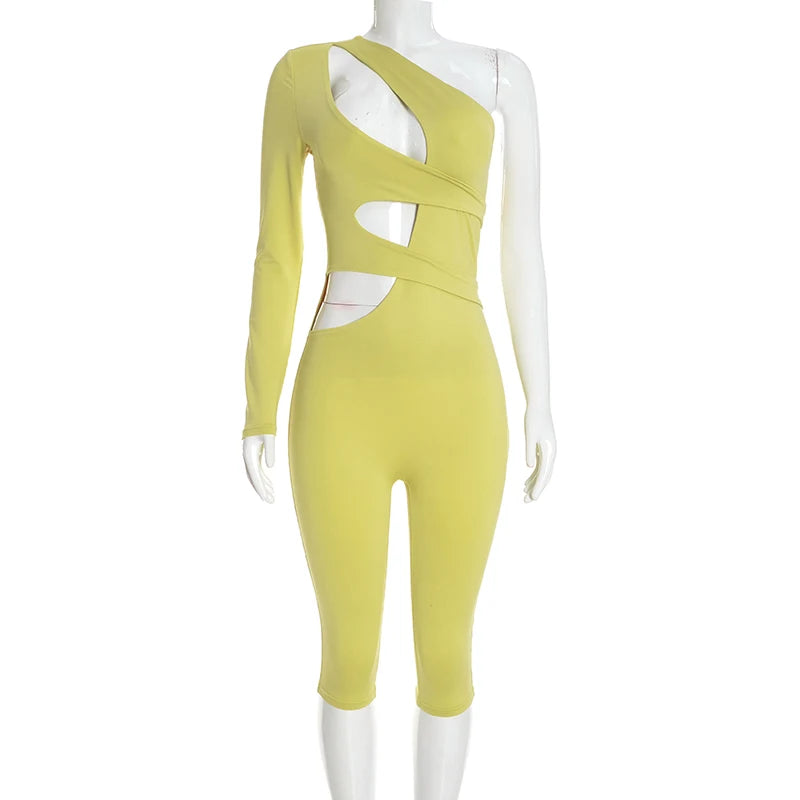 Solid color sexy single shoulder hollow out long sleeved one-piece slim fit pants