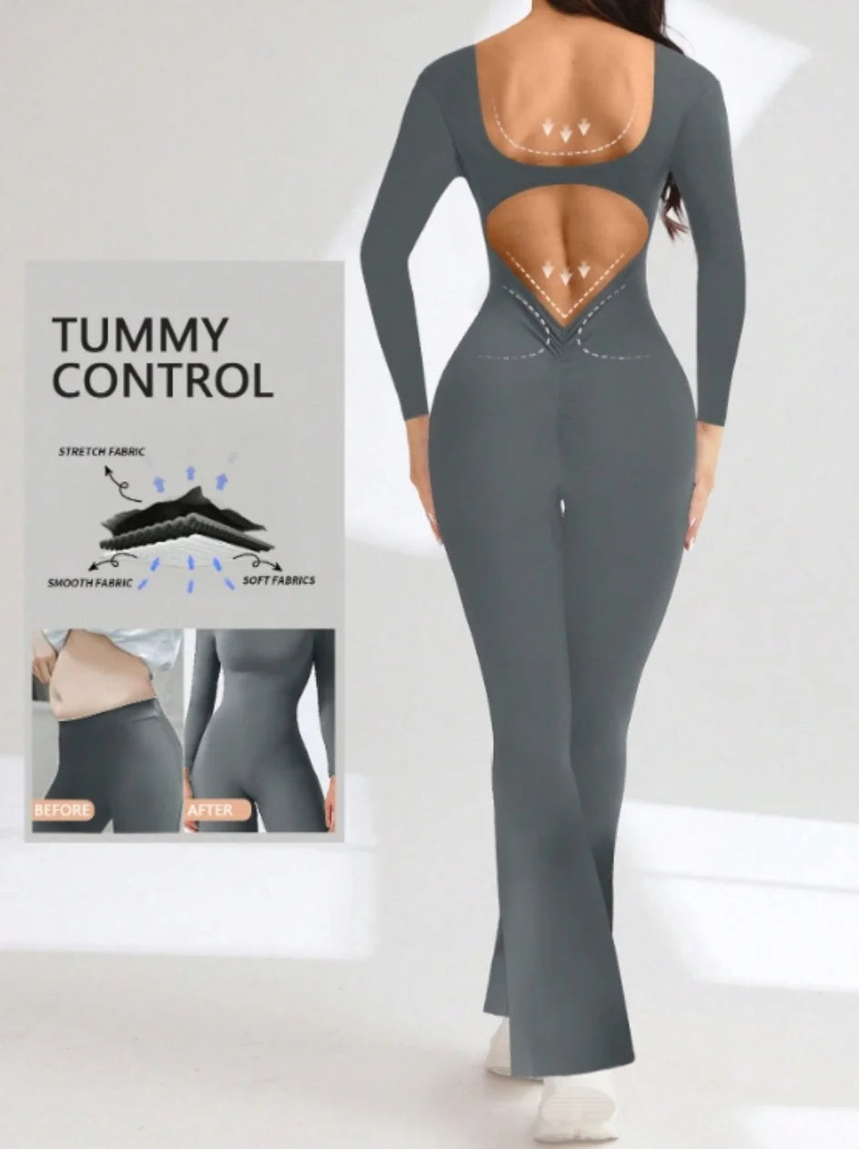 High quality solid color long sleeved compression exercise jumpsuit women's sportswear bell bottom pants sexy push up yoga set