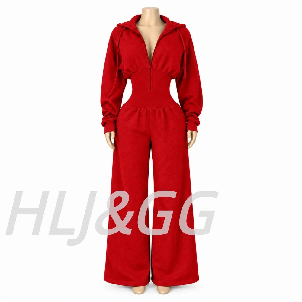HLJ&GG Autumn Light Fleece Hooded Wine Leg Pants One Piece Jumpsuits Women Zipper Long Sleeve High Waist Sweat Sport Sportswears