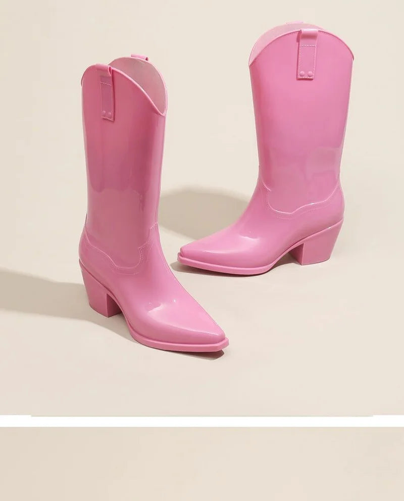 FHC Chunky High Heels Rain Boots,Women's Waterproof Mid Calf Botas,Kitchen Work Shoes,Cowboy Booties,Black,PInk,Red,Dropship