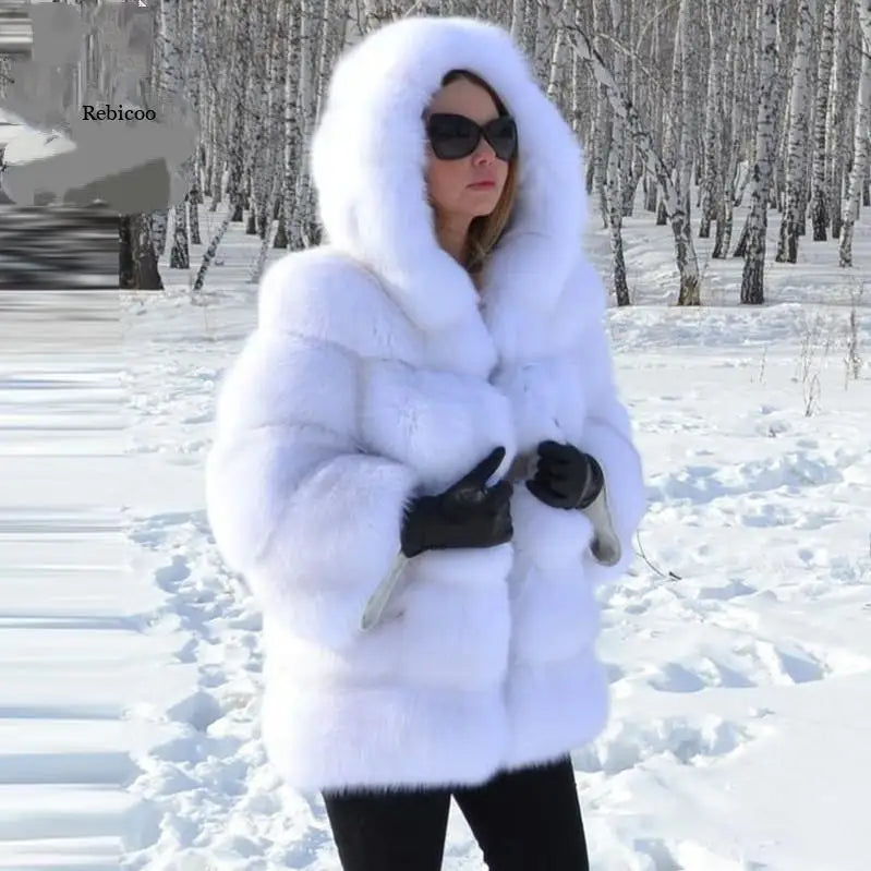 Fashion Winter Women Imitation Fox Fur Jacket Hooded Loose Long Sleeves Female Eco Fur Coat Patchwork Plush Thick Lady Fur Coat