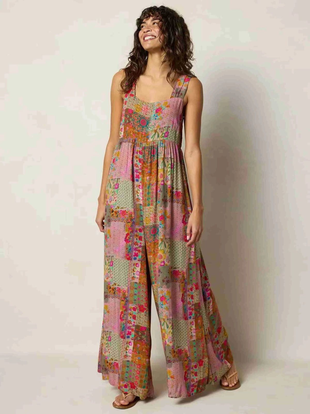 Plus Size Women's Jumpsuit, Wide Strap Square Neck Printed Casual Street Fashion Loose Wide Leg Jumpsuit