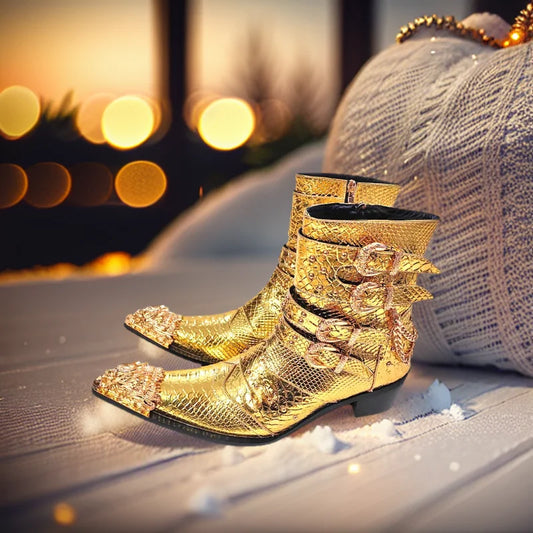 Men's Genuine Leather Chelsea Boots Luxury Fashion Golden‑Tone Decor Dress Boots For Banquet Party Wedding Casual Formal Stage P
