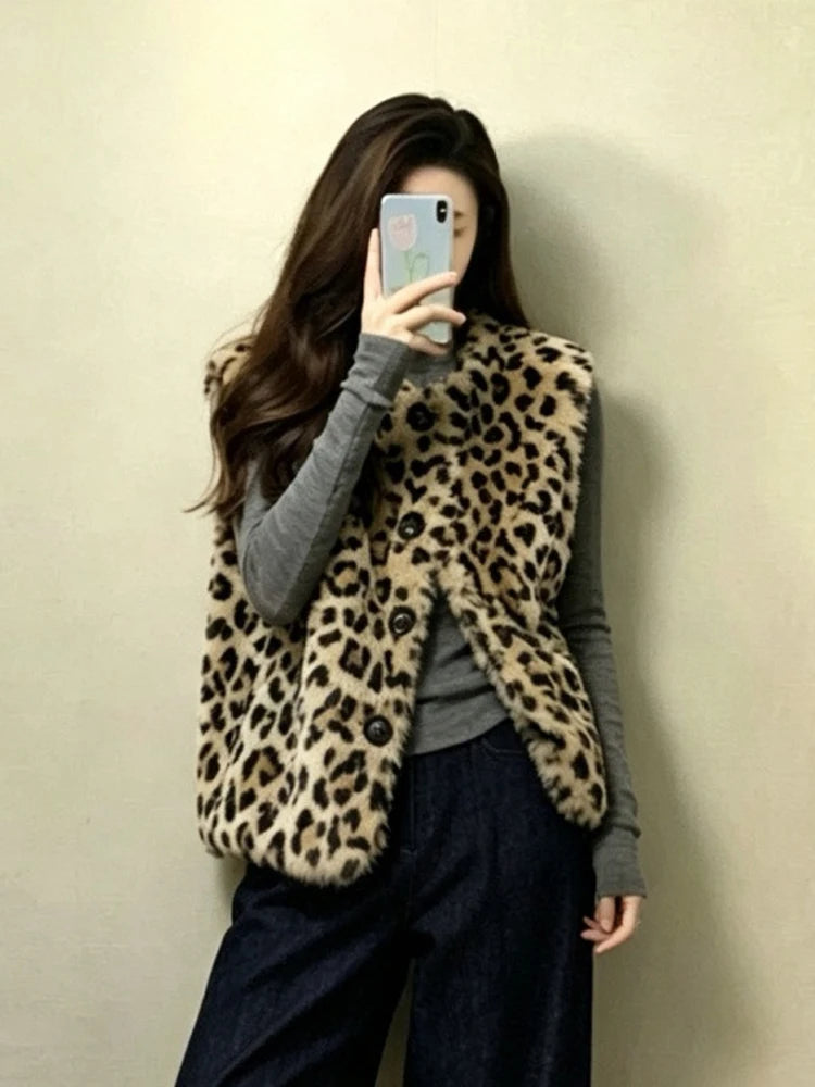 Faux Fur Y2K Leopard Vest Women Loose Vintage Winter Warm O Neck Streetwear Vests Casual Harajuku American Retro Lady Vest Coat