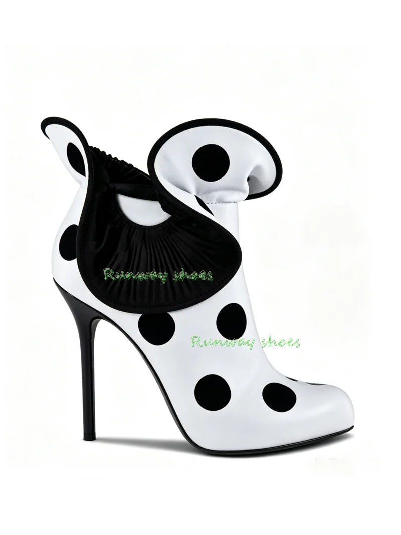 Black And White Polka Dots Ankle Boots Equipped With Large Bow With Ruffles Boot Pointed Tip Stiletto Heels Party Women's Boots