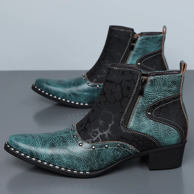QRLQRL Men Black White Two‑Tone Western Ankle Boots Cracked Leather Panel Side Zipper Pointed Toe Cuban Heel Boots