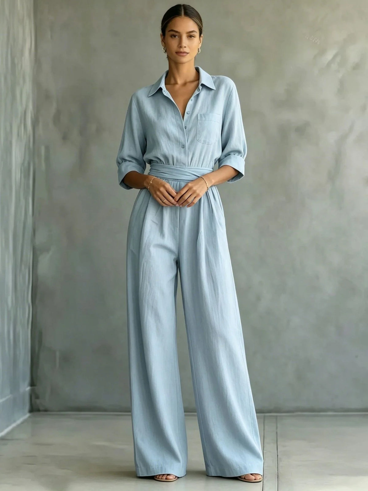 Women's Mid-sleeve Shirts Jumpsuits Spring Summer New 2026 New Fashion Elegant Waisted Lace-up Wide-leg Trousers Female Rompers