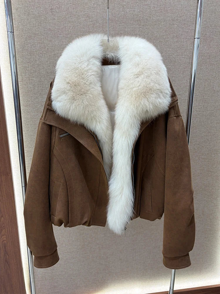 2026 New Winter Women Goose Down Jacket Natural Real Fox Fur Collar Coats Denim Puffer Jacket Outwear