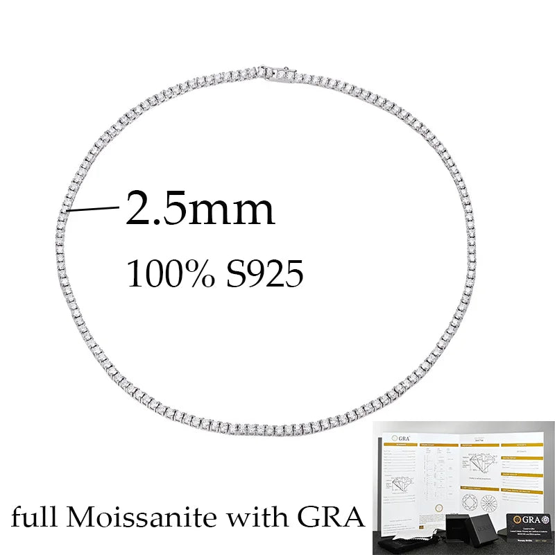 OEVAS 2.5mm Full Moissanite Tennis Necklace for Women Man 100% S925 Silver Neck Chain Necklaces Party Fine Jewelry Gift