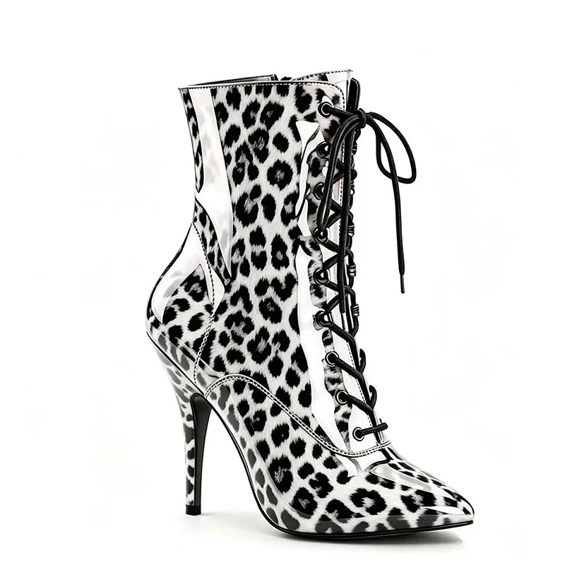 Glossy Leather Pointy Short Boots Woman 2026 New Red Leopard Print Large Size Shoes 12CM Thin Heels Boots For Party & Night Club