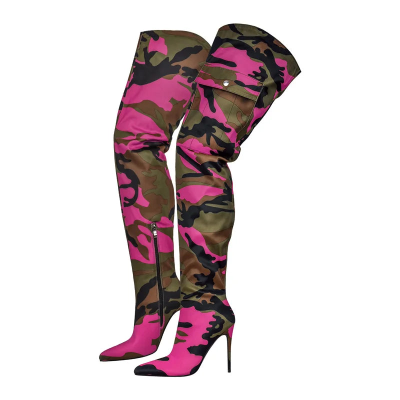 Onlymaker Womens Mixed Colors CamouflageOver The Knee Boots Thin Heel Pointy Colorful Print Thigh High Boots