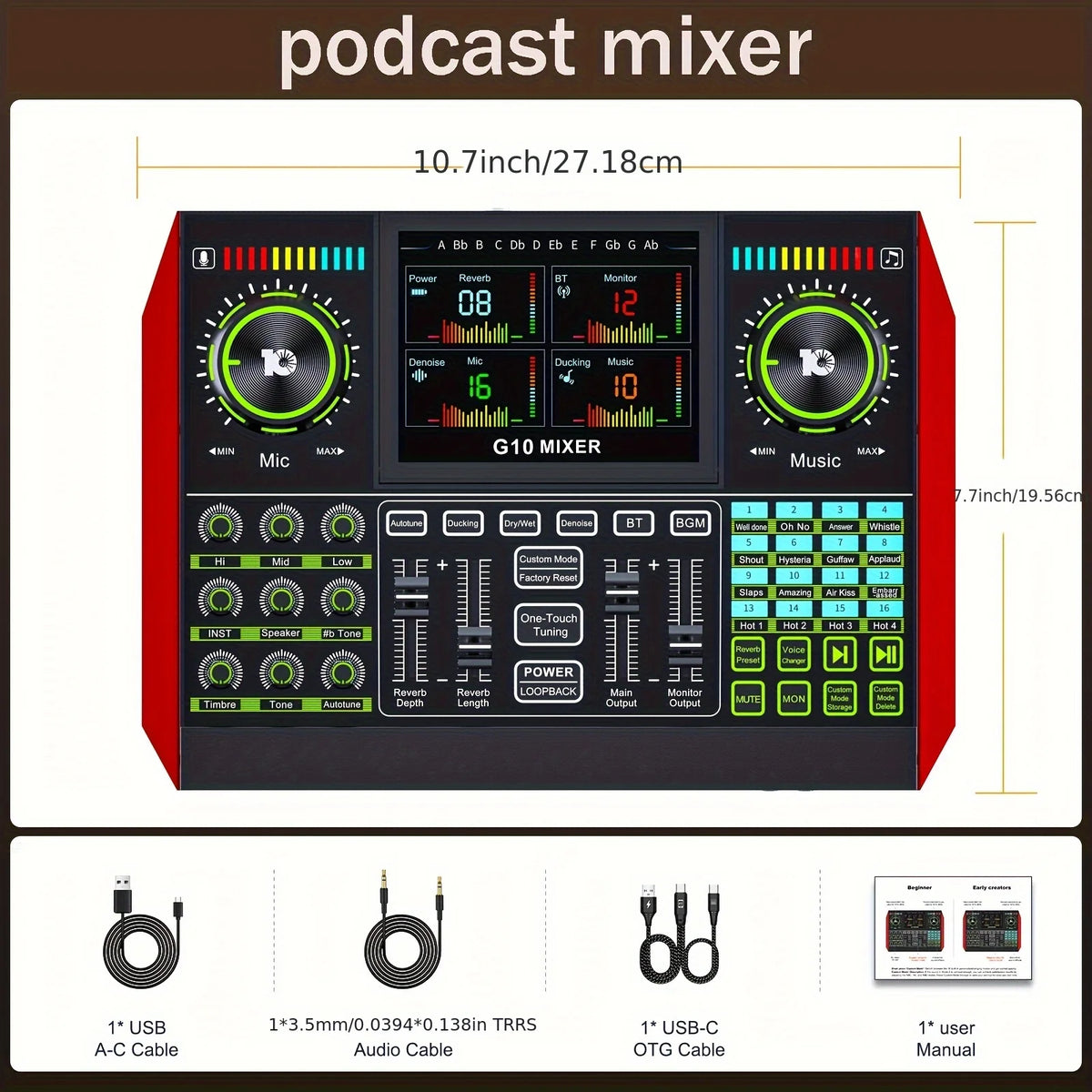 Tenlamp G10 Electronic Music Mixer Professional Studio Recording Sound Card, Dual Noise Cancellation XLR 3.5mm Audio Interface with Voice Changer for PC Smartphone Podcast Gaming Streaming