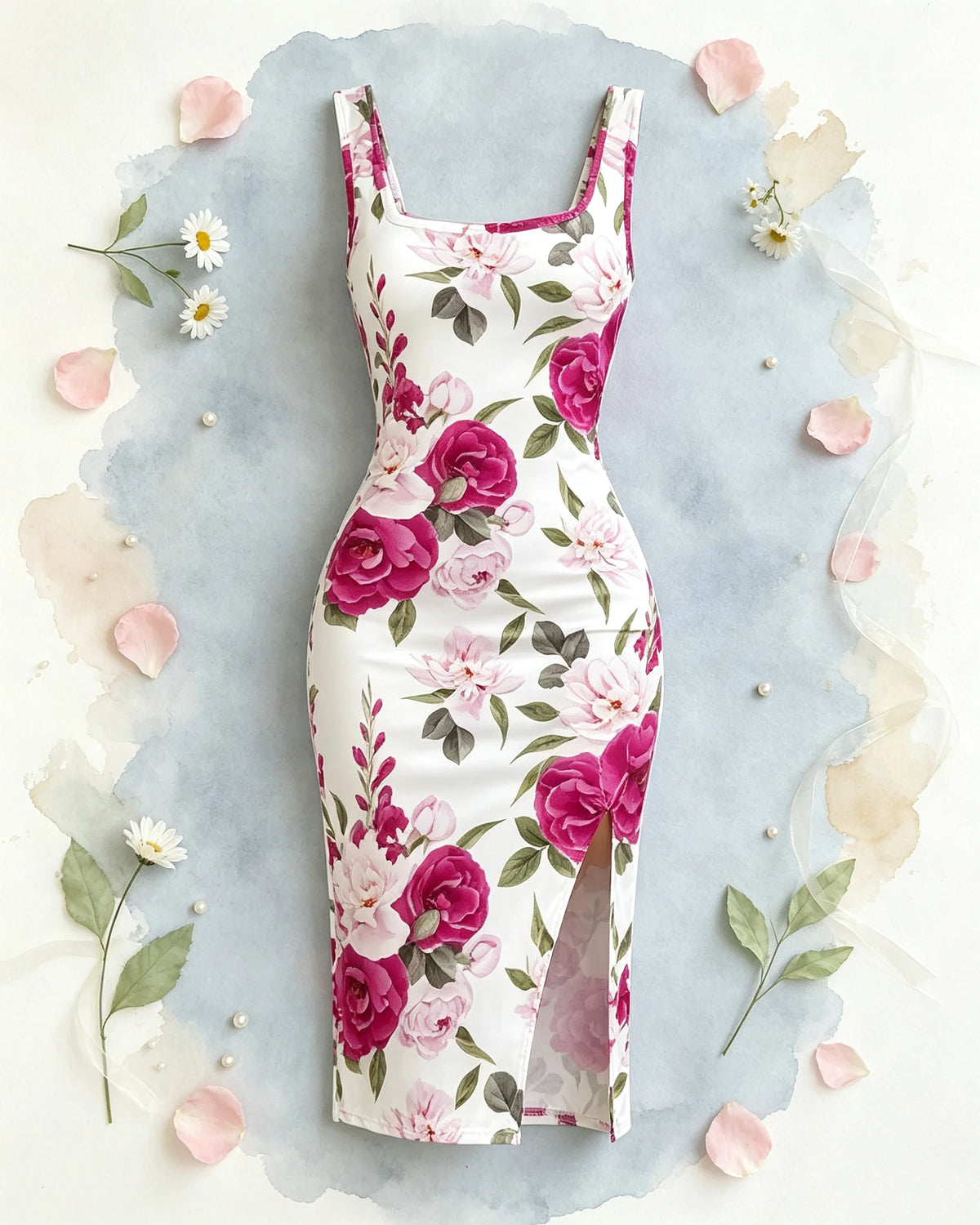 Women's Floral Print Sleeveless Dress Casual Elegant Comfortable Mid-Length Skirt with Thick Shoulder Strap Square Neck Slit