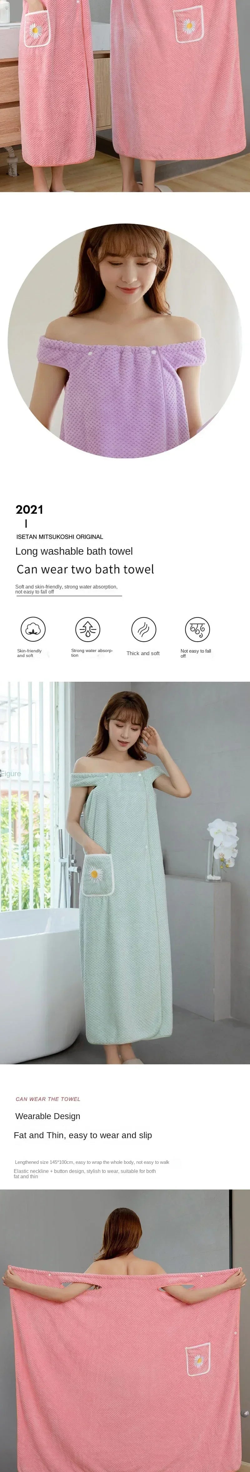 Women Wearable Bath Wrap Towel Absorbent Polyester Long Washable Bathroom Bathrobe