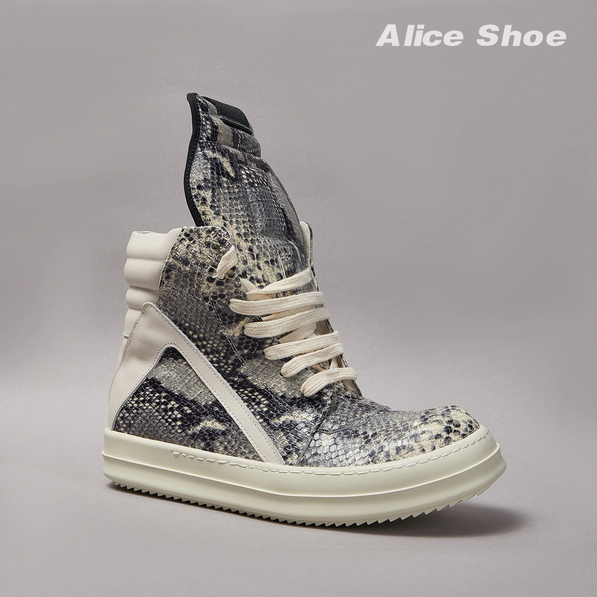 Brand Men Ankle Boot Casual Leather High Top Women Sneaker Python-Embossed Flat Luxury Trainer Designer Platform Grey Flat Shoe
