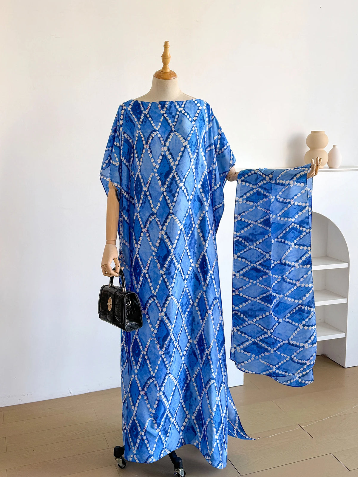 New Fashion Summer Dress With Big Scarf Dubai Turkey Kaftan Muslim Loose Abaya Women African Casual Flower Shawl Robe Moomoo