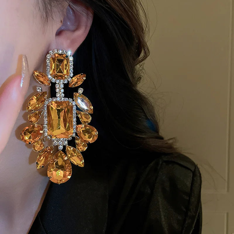 Orange Rhinestone Geometric Earrings for Women Retro Exaggerated Drop Earrings Temperament Party Accessories Girls Gifts