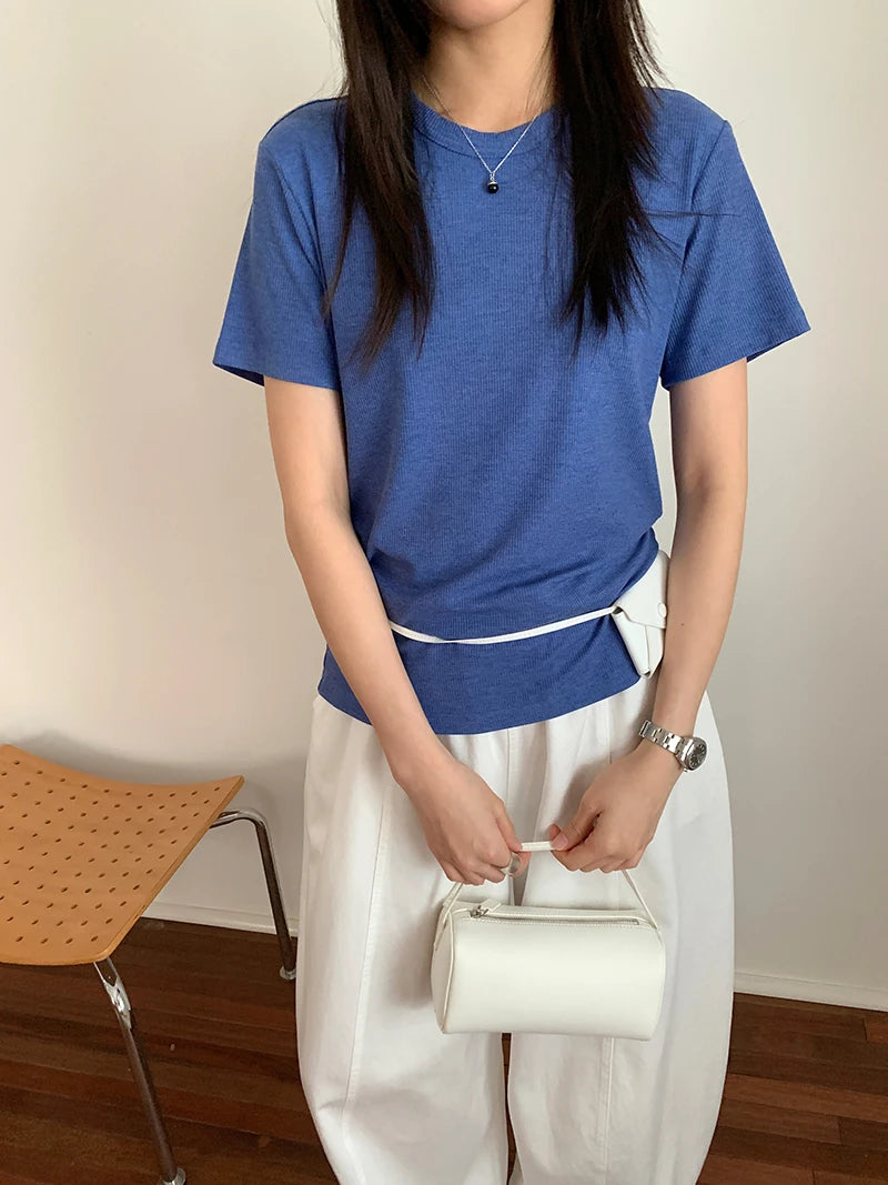 RZIV Summer women's casual solid color round neck short sleeved T-shirt