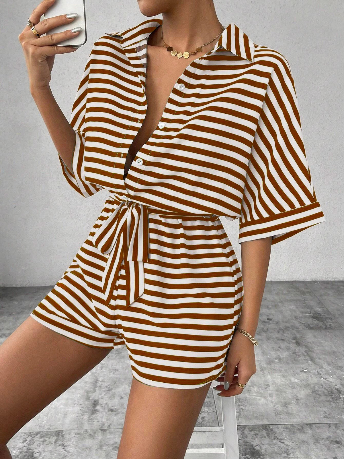 Women One Piece Short Sleeve Striped Overalls Shorts Pants Elastic Waist Turn Down Collar Rompers