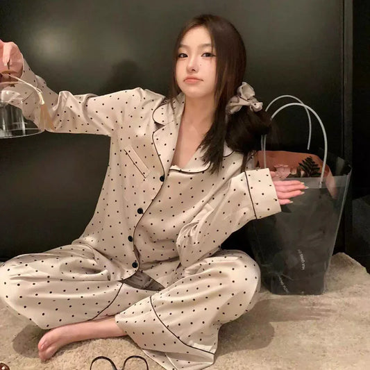 French High Sense of Sleepwear Women Spring and Fall New Simple Polka Dot Long-Sleeved Long Pants Ice Silk Homewear Fashion Suit
