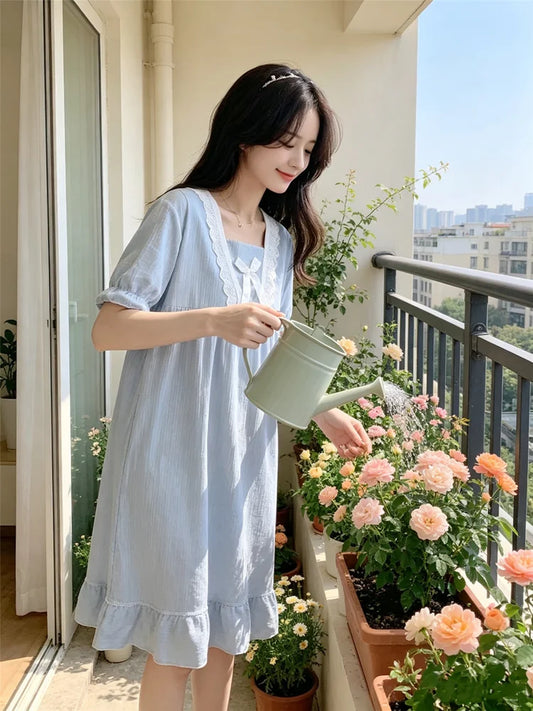 Summer Pajamas Dresses Sleepwear Sweet Korean Style Night Dress Women Nightgown Short Sleeve Lingerie Lace Patchwork Nightie