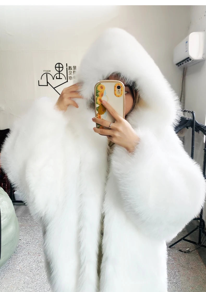 Nerazzurri Autumn Winter Oversized White Black Warm Shaggy Hairy Faux Fur Coat Women with Hood Loose Casual Fluffy Jacket 2023