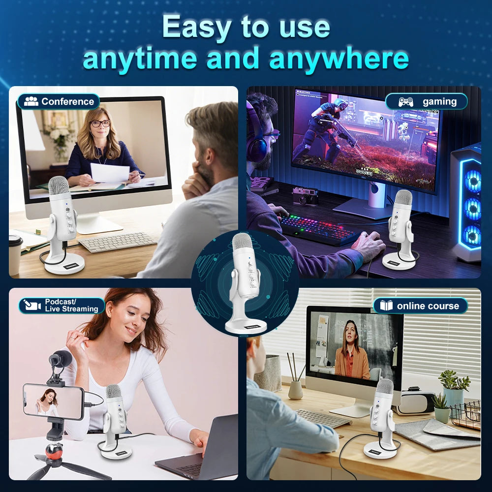 Professional White USB Condenser Microphone Studio Recording Mic for PC Computer Phone Gaming Streaming Podcast Vocals Youtube
