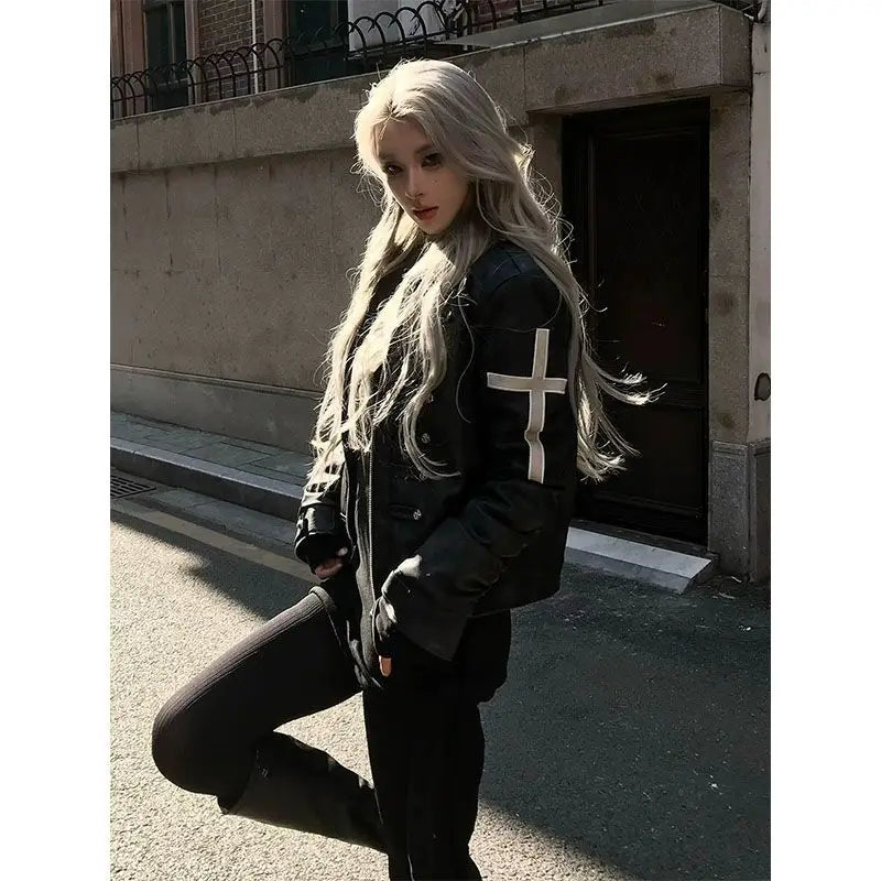 American Vintage Subculture Punk Jacket Long Sleeve Black Coat Slim Gothic Streetwear Casual Outerwear Daily Outfits 2026
