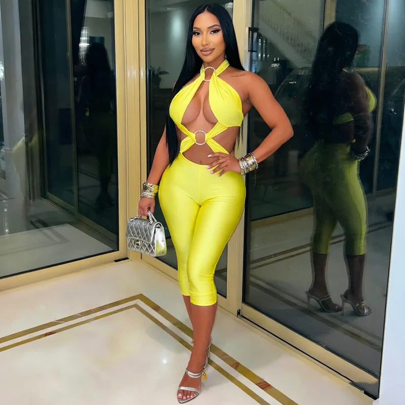 Stylish Lady Halter Jumpsuit Women Metal Ring Cutout Splicing Bodycon Capri Jumpsuit Backless Hollow Out Slim Club Party Romper