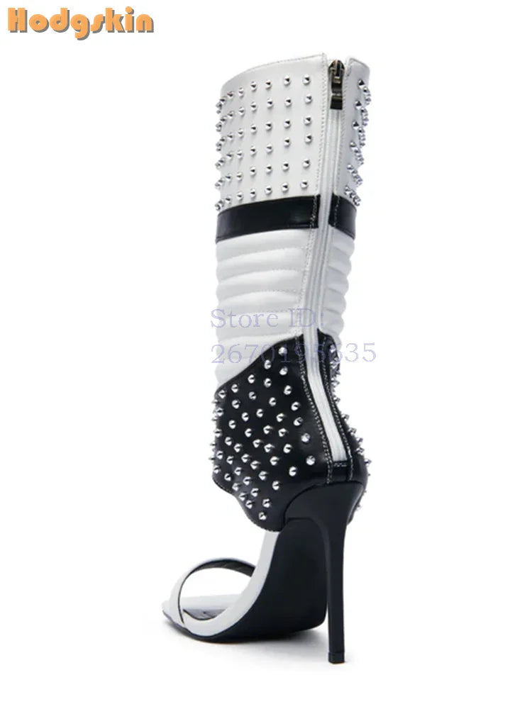 Sexy Red Black Rivet Sandals Square Toe Patchwork Cross-tied High Heels 2026 Summer Fashion New Women Lace-up Stiletto Shoes