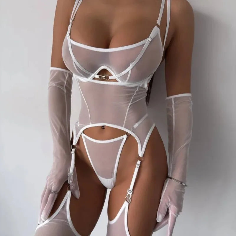 Solid Women's Lingerie Sets Seductive See Through Bra Belt Thong 3PC with glovs stockings Sissy Sexy Women's Underwear