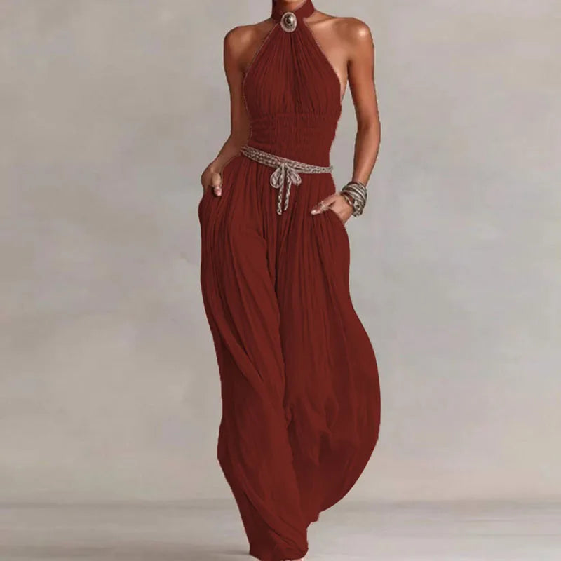Bohemian Halter Hollow Vacation Jumpsuit Spring Solid Backless Pleated Women's Rompers Summer Sleeveless Wide Leg Pants Overalls