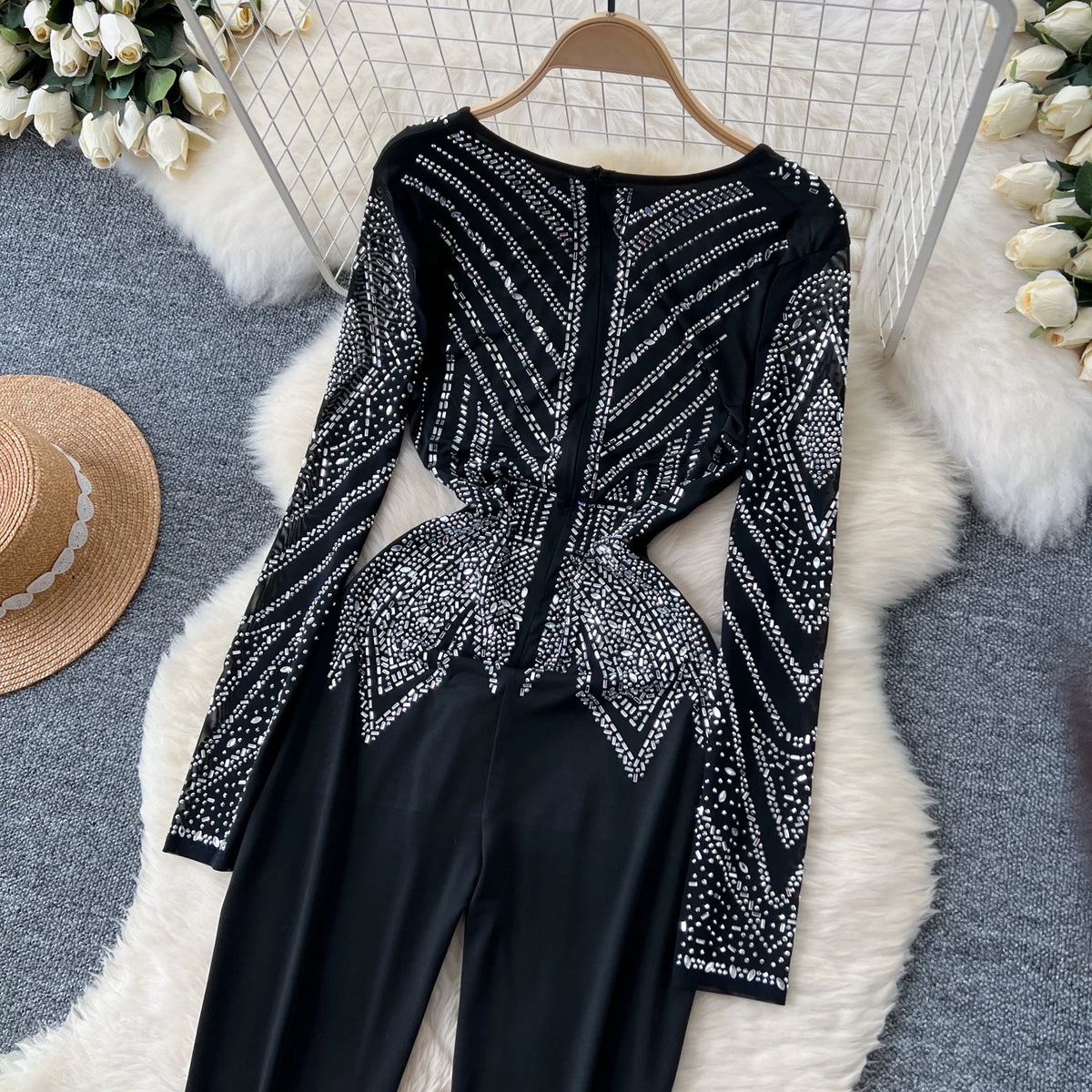 SINGREINY Sexy Senior Bodycon Jumpsuits Women Deep V-Neck Long Sleeves Zipper Diamonds Design Fashion Hotsweet Party Playsuits