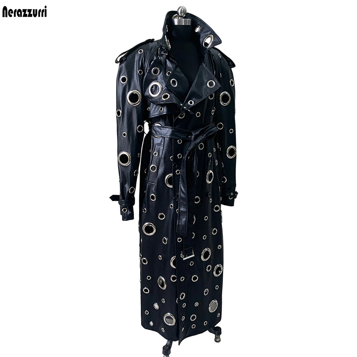 Nerazzurri Autumn Oversized Extra Long Pu Leather Trench Coat for Women Holes Hollow Out Luxury Designer Emo Streetwear Overcoat