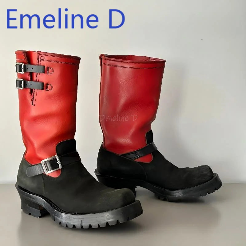 Color Blocked Upturned Western Cowboy Boots Fashionable Leather Splicing Design for Men and Women Square Headed Knight Boots