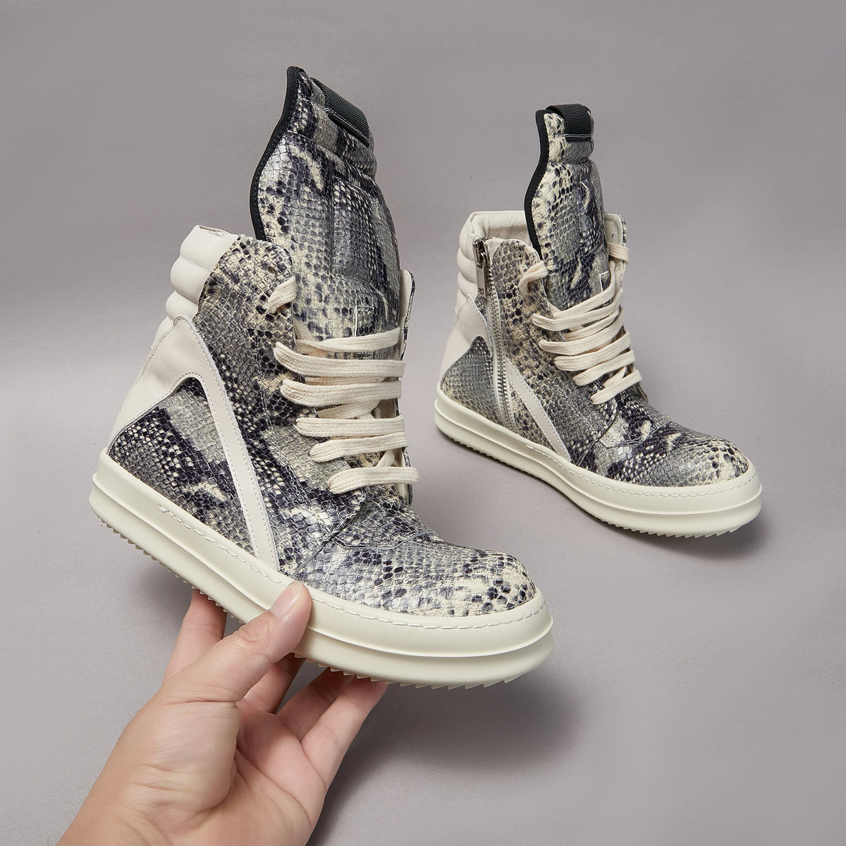 Brand Men Ankle Boot Casual Leather High Top Women Sneaker Python-Embossed Flat Luxury Trainer Designer Platform Grey Flat Shoe
