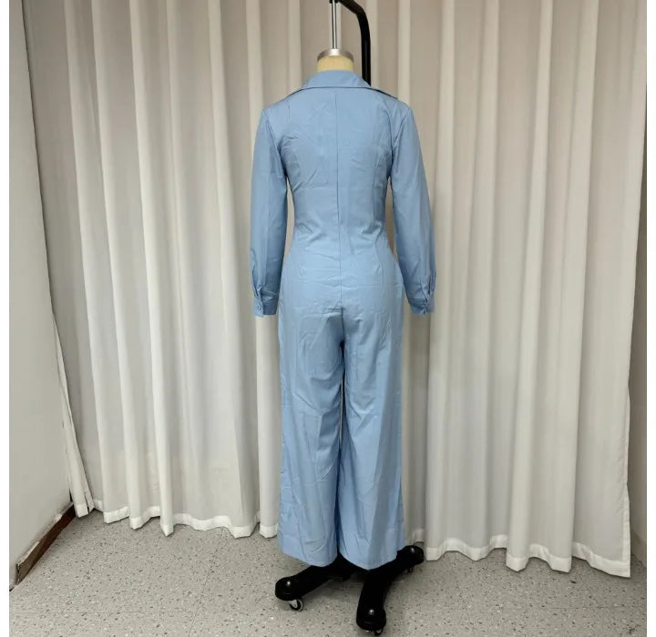 Jumpsuit Women 2024 Autumn Commuting Fashion Turn-Down Collar Long Sleeve Pocket Design Casual Jumpsuits New Female One Pieces