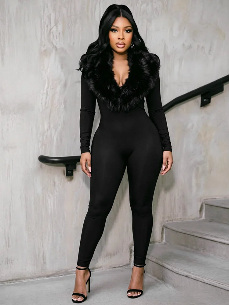Weird Puss Plush Patchwork Jumpsuits Woman Autumn Trend Low-Neck Full Sleeve Skinny Stretch Midnight Club Party Fashion Overalls