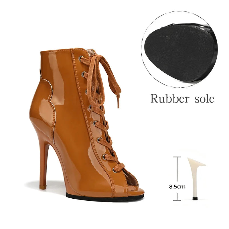 Women Sexy Thin High Heel Dance Shoes Party Ballroom Pole Jazz Lace Up Platform Dancing Boots Short Tube Heels 8.5/9.5CM Booties