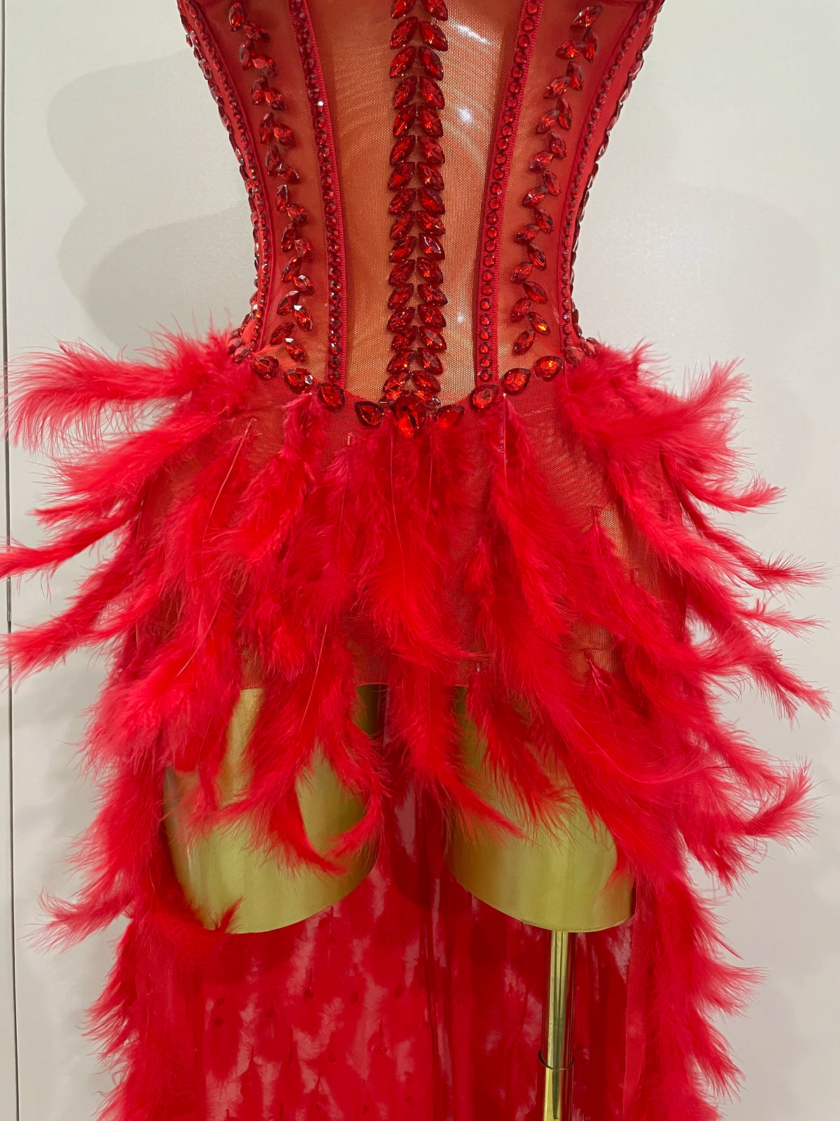 Sparkly Rhinestones Feathers Long Tail Bodysuits Sexy Mesh Transparent Stage Dress Evening Party Celebrate Luxury Birthday Dress