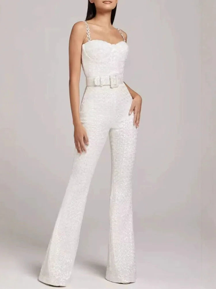 New Shiny Sequined Backless Banquet Jumpsuit Casual Women's Off Shoulder Summer Playsuit Fashion Sleeveless High Waist Rompers