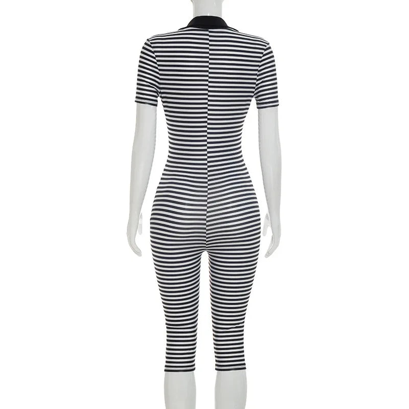 Striped Print Jumpsuits Women Short Sleeve Y2K Clothes Casual Summer Buttons V Neck Bodycon Rompers Overalls Beach Vacation Gift