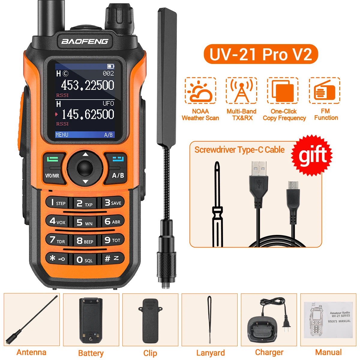 Baofeng UV-21 Pro V2 Air Band Walkie Talkie Wireless Copy Frequency AM Type-C Long Range Upgrade UV-5R Ham Radio