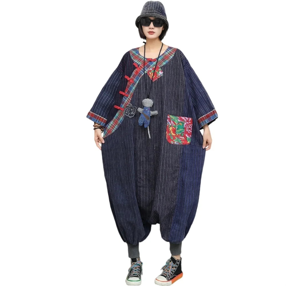 Unique Stylish Patchwork Jumpsuit Women Chinese-style Diagonal Button Long Sleeves Overalls Loose Fit LX6834