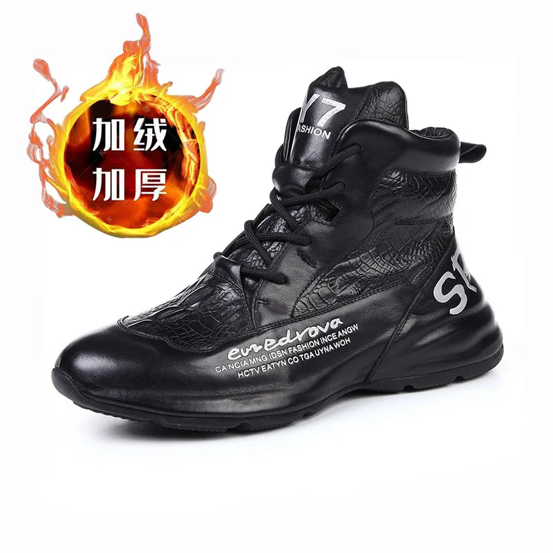 Genuine Leather Winter Boots For Men Crocodile Leather Casual Fleece Warm Shoes Motorcycle Punk Botas Male Loafer Hombre KK419