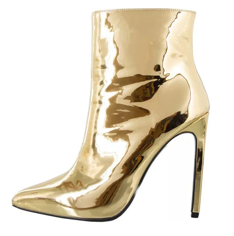 Design Ankle Boots Women Fashion Zipper Pointed High Heels Gold Silver Patent Leather Short Booties Shoes Catwalk Shoes
