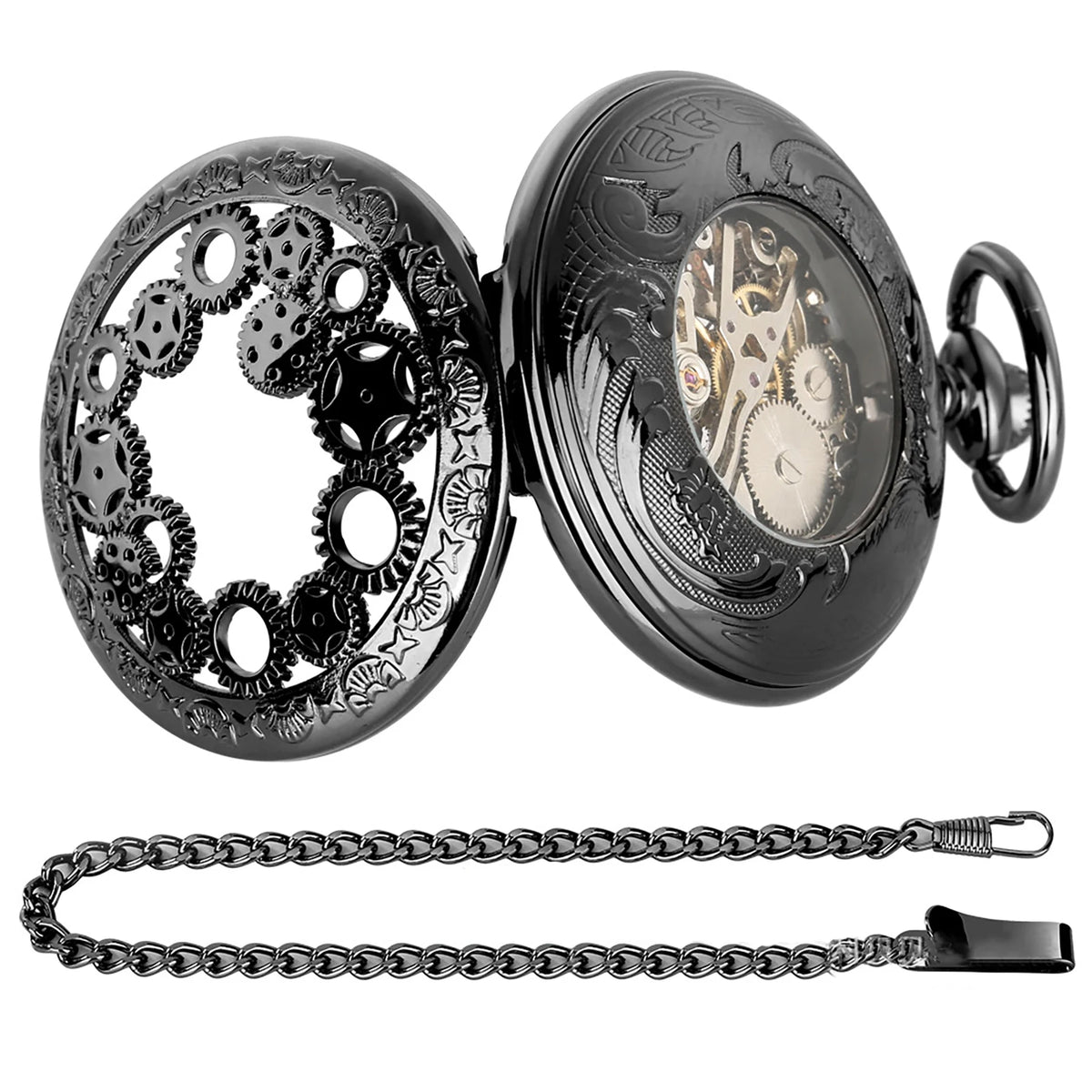 Manual Men's Mechanical Pocket Watch Hollow Design Roman Numerals Vintage Metal Pocket Watch Clock Chain Pendant Blue